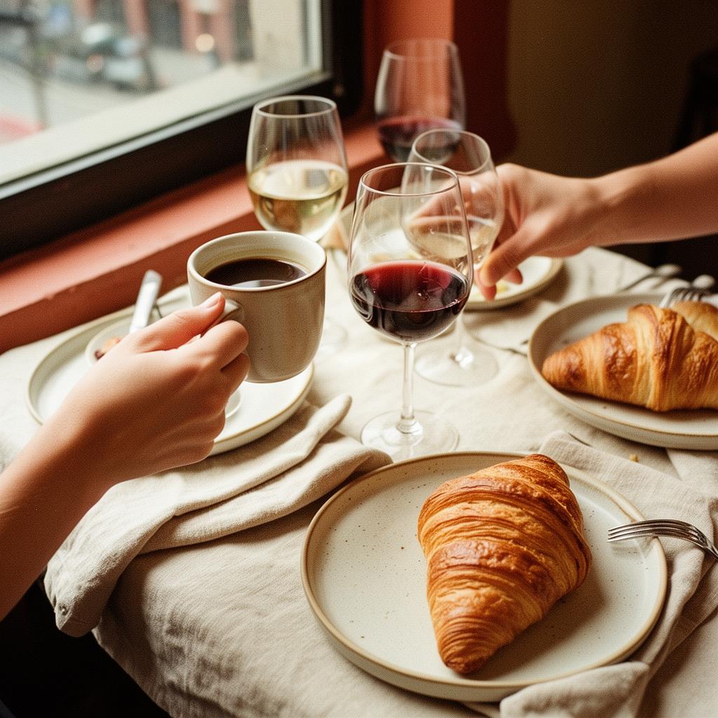 Friends sharing wine and croissants in a Brooklyn café