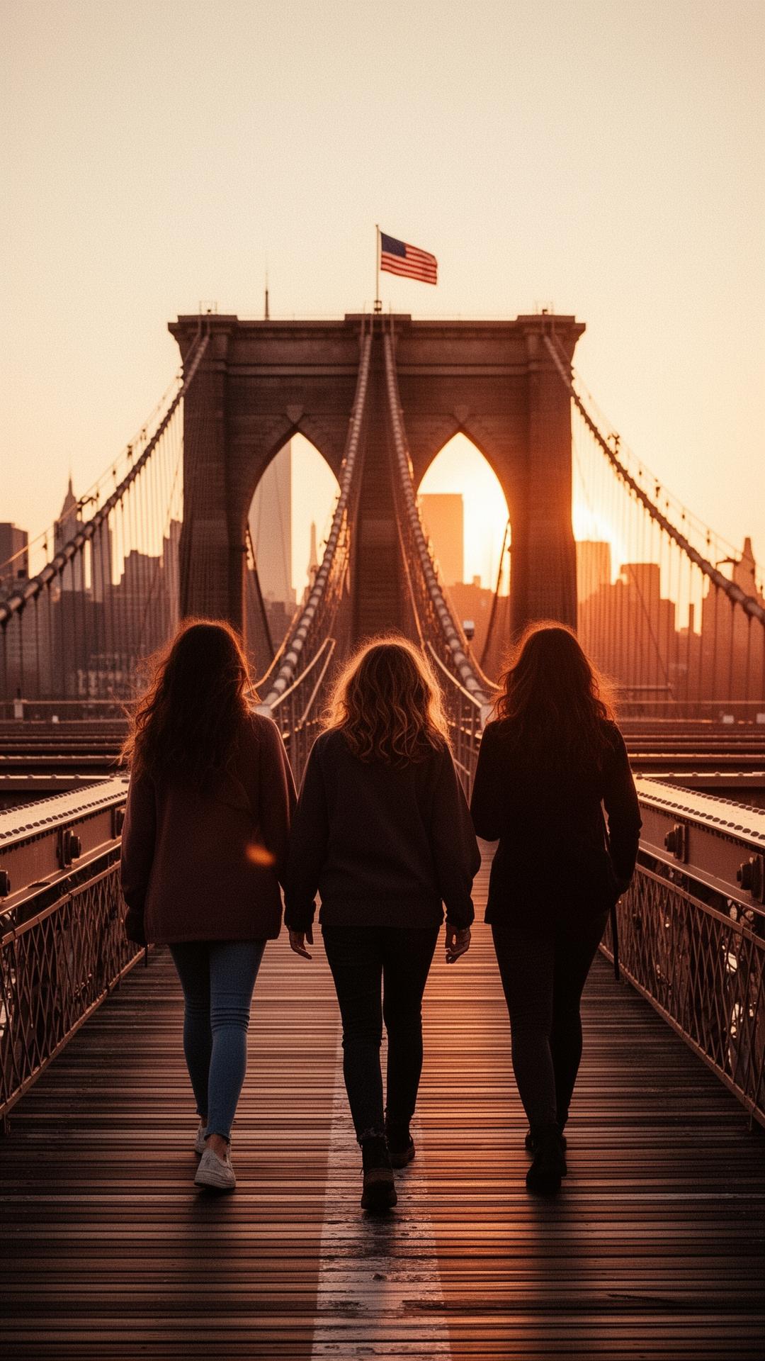 Three friends walking across the Brooklyn Bridge at sunset